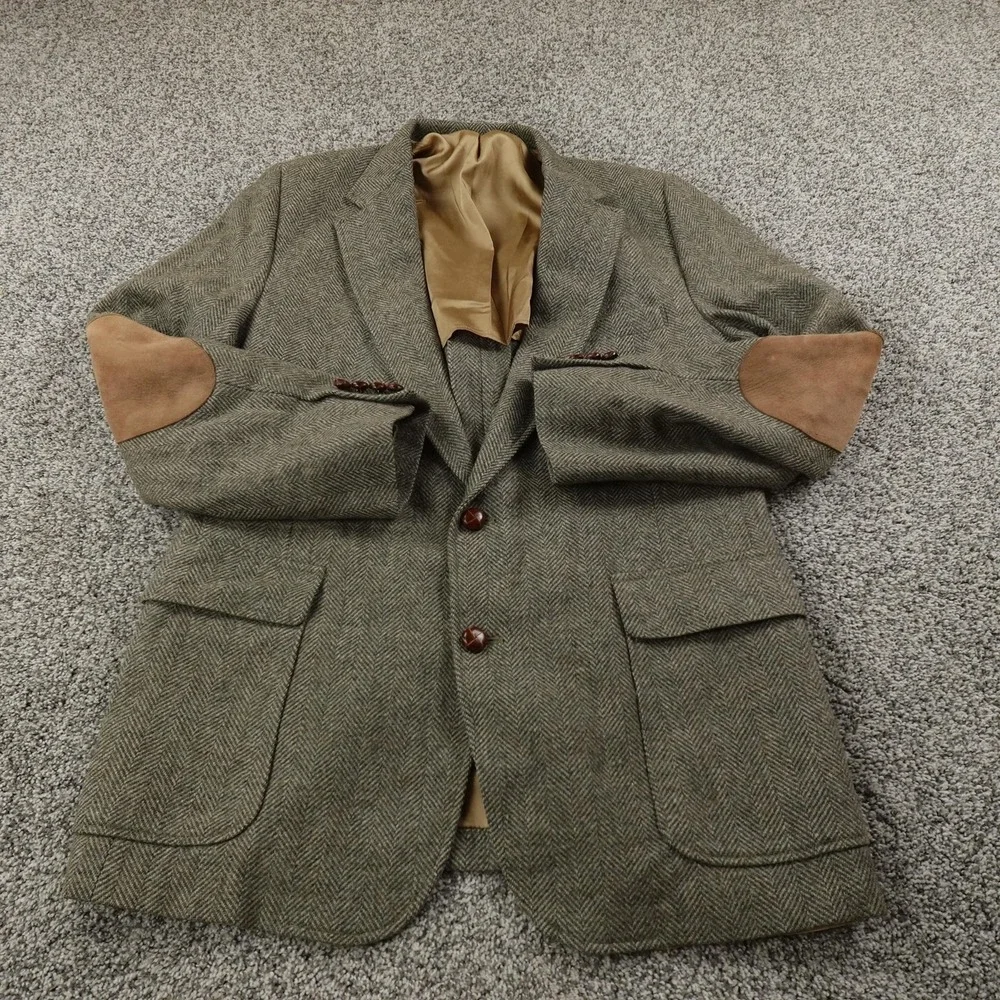 VTG Haggar Blazer Mens 46 Brown Gray Herringbone Wool Elbow Patch Sport Coat USA